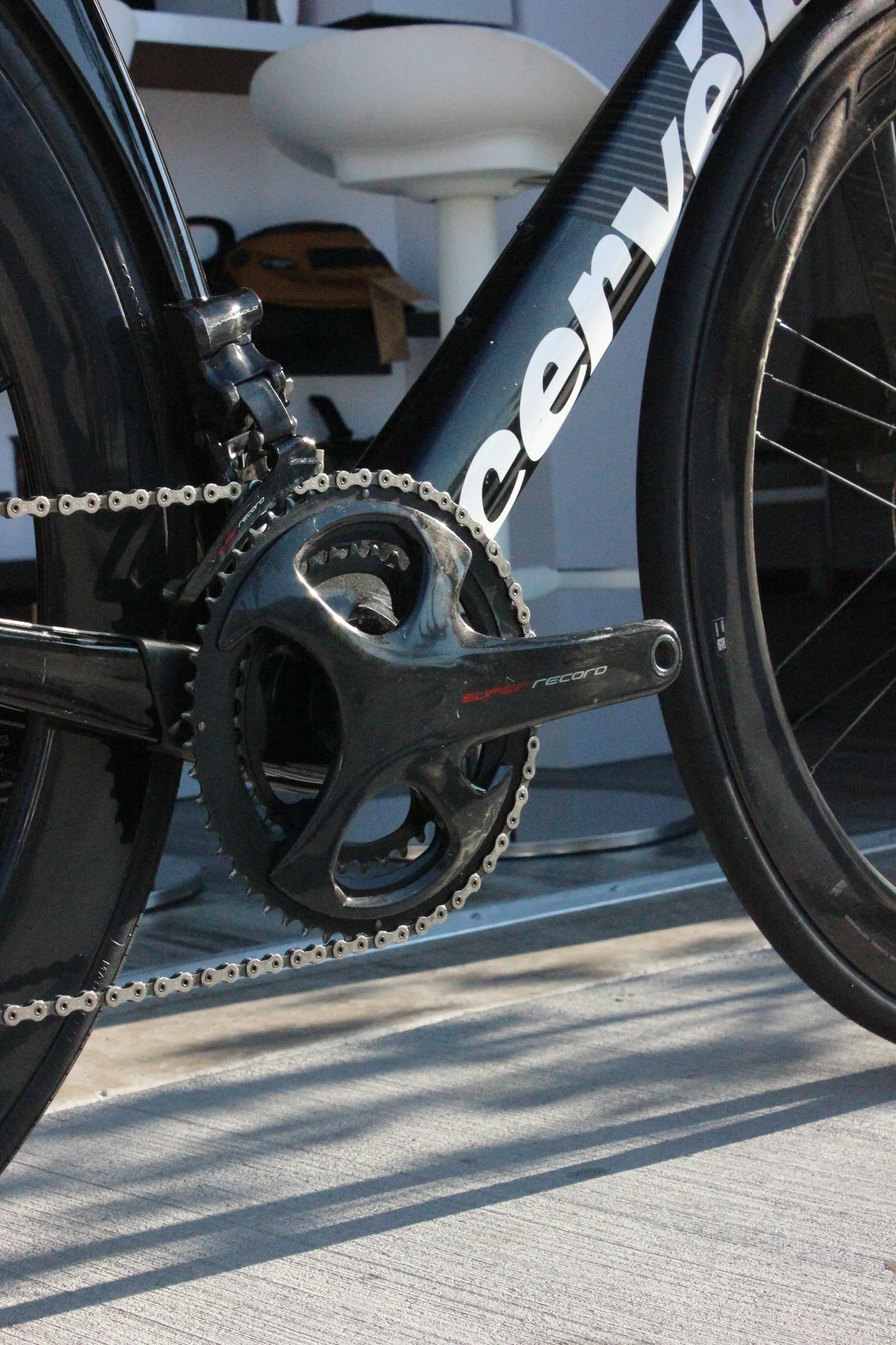 Cervélo downtube and Campagnolo Super Record crankset on a shop build
