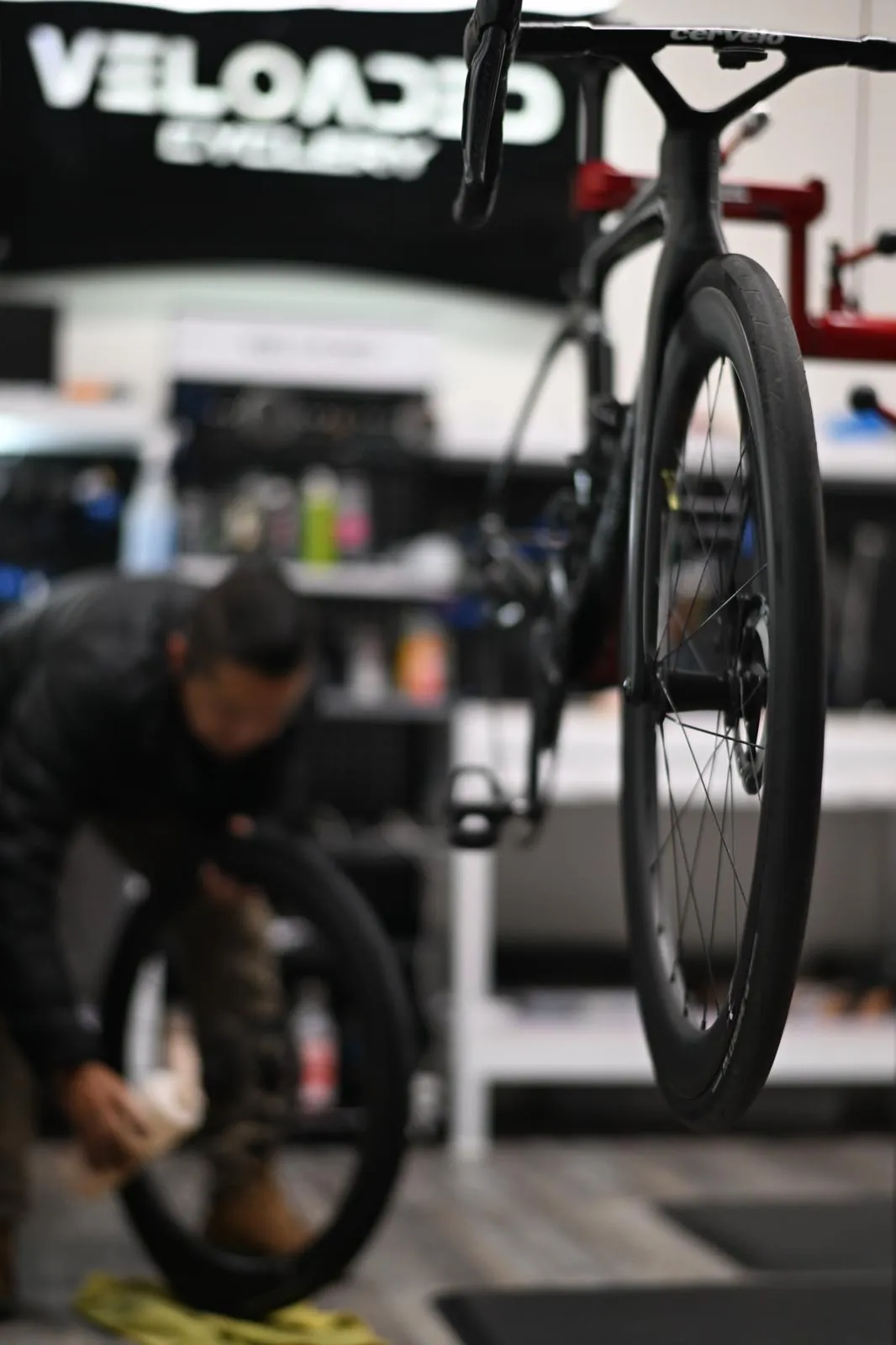 Bike on the workstand at Veloaded Cyclery in Santa Ana