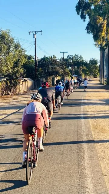 Veloaded group ride rolling single file down a sunny road on a Sunday